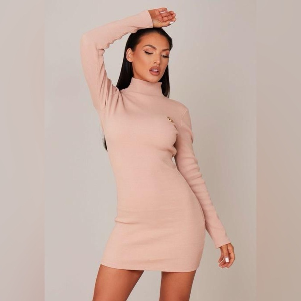 ODolls Collection logo high neck long sleeve mini bodycon dress in cream - Picture 5 of 15